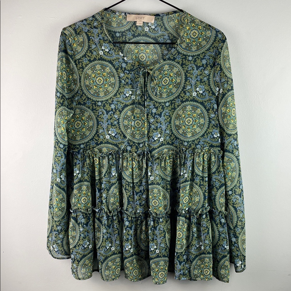 LOFT Sheer Green and Blue Bohemian Blouse Size S